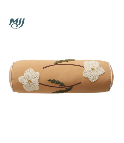Embroidered Floral Bolster Pillow - Decorative Cylindrical Cushion with Flower Design for Sofa, Bed, Lumbar Support - MOCOFO