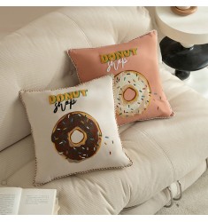 MOCOFO Donut Embroidered Pillow Cover, 45x45cm, Fun Cartoon Cushion Case with Lace Trim