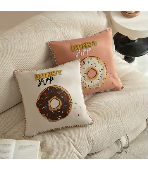 MOCOFO Donut Embroidered Pillow Cover, 45x45cm, Fun Cartoon Cushion Case with Lace Trim