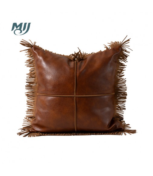MOCOFO Faux Leather Fringe Throw Pillow Cover, Rustic Boho Decorative Cushion Case for Sofa, Bed, Living Room