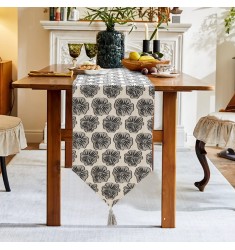 MOCOFO Bird Print Tassel Table Runner - 13x70 Inch Cotton Linen Dining Table Decor