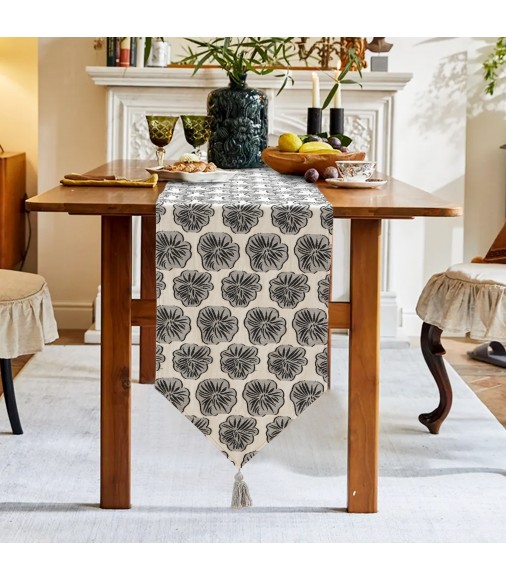 MOCOFO Bird Print Tassel Table Runner - 13x70 Inch Cotton Linen Dining Table Decor