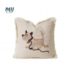 MOCOFO Cute Embroidered Dog Throw Pillow Cover with Fringe - Whimsical Linen Cushion for Kids Room, Nursery, Sofa