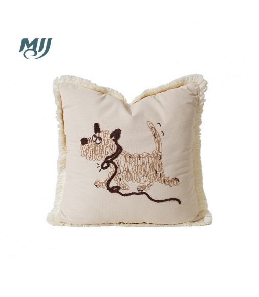 MOCOFO Cute Embroidered Dog Throw Pillow Cover with Fringe - Whimsical Linen Cushion for Kids Room, Nursery, Sofa