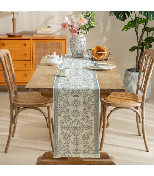 MOCOFO Floral Print Table Runner with Tassels - 13x72 Inch Decorative Dining Linen