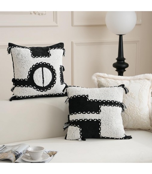 MOCOFO Decorative Velvet Pillow Case - Black White Tufted Throw Pillow Cover