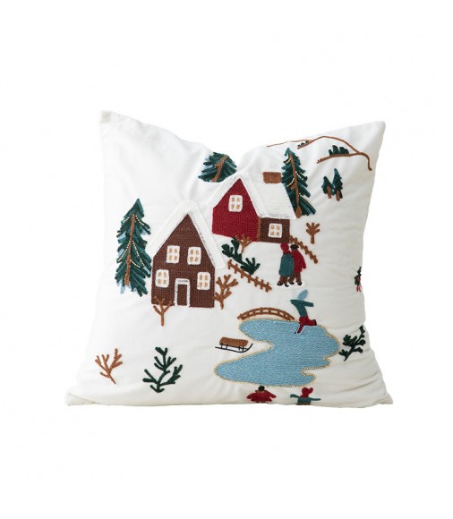 MOCOFO Embroidered Winter Snow Cabin Throw Pillow Cover 18x18 Velvet Accent