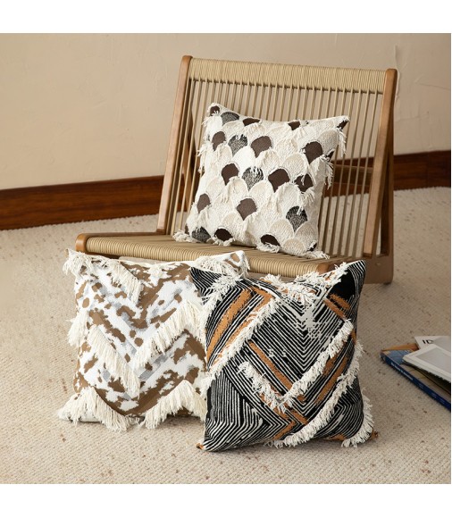 Jacquard Throw Pillow Cover 18x18, Boho Tassel Cushion Case for Couch