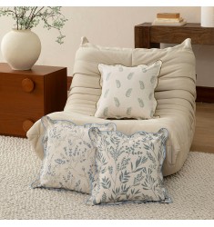 Scalloped Linen Throw Pillow Cover 18x18, Vintage Botanical Floral Cushion Case for Couch