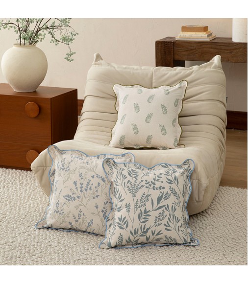Scalloped Linen Throw Pillow Cover 18x18, Vintage Botanical Floral Cushion Case for Couch
