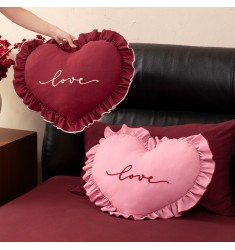 Heart Embroidered Wedding Pillows with Ruffle Edge | Romantic Newlywed Gift Cushion