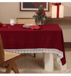Festive Red Cotton Tablecloth with Elegant Lace Trim for Christmas, New Year & Wedding Decor