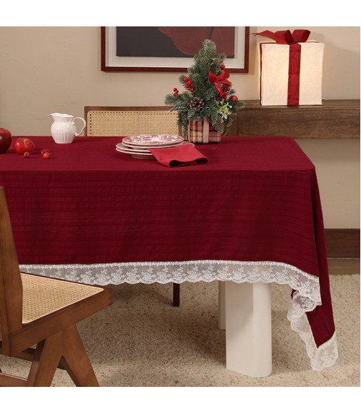 Festive Red Cotton Tablecloth with Elegant Lace Trim for Christmas, New Year & Wedding Decor