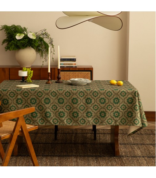 Vintage Sage Green Faux Linen Tablecloth - Textured Rectangular Table Cover for Boho Dining Decor