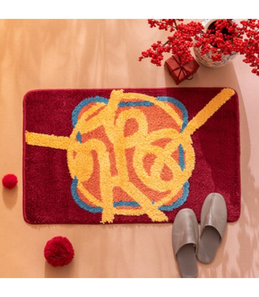 Modern Abstract "Fu" Chinese New Year Red Bath Mat - Non-Slip Festive Floor Rug (40x60cm)