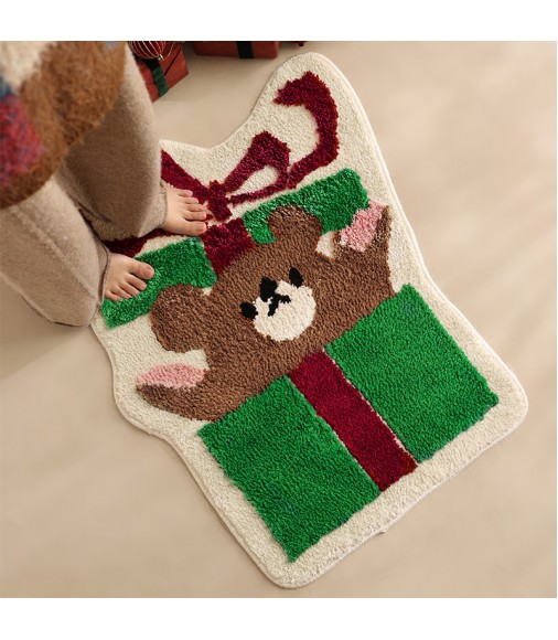 Cute Christmas Bear in Gift Box Rug - Soft Plush Irregular Bedside Mat for Festive Room Decor
