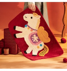 Whimsical Red Pony Tufted Bath Mat-Non-Slip Absorbent 3D Plush Rug for Nursery & Bathroom