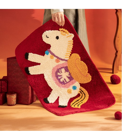 Whimsical Red Pony Tufted Bath Mat-Non-Slip Absorbent 3D Plush Rug for Nursery & Bathroom
