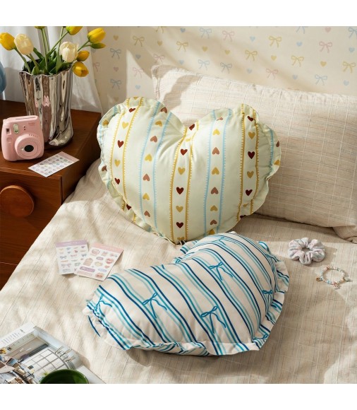 Vintage Ruffle Heart Throw Pillow | Pastel Striped Aesthetic Bed Cushion