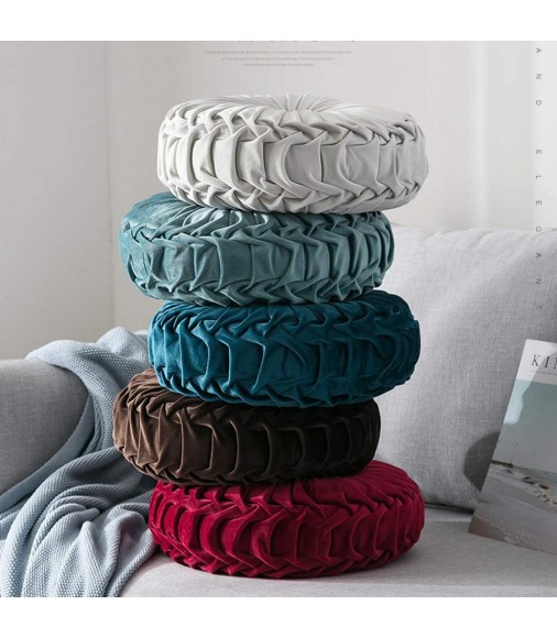 14" Luxury Velvet Pleated Round Pumpkin Throw Pillow | Decorative Floor & Sofa Cushion