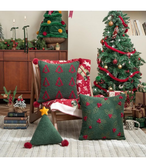 MOCOFO Christmas Throw Pillow Covers – Festive Boucle Embroidered Holiday Accent Cushions for Sofa Couch Bed Decor