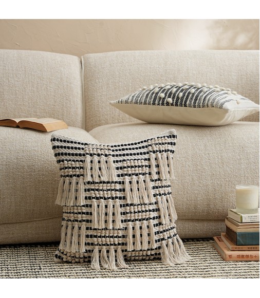 Handwoven Cotton Tassel Throw Pillow for Scandinavian Boho Home Decor