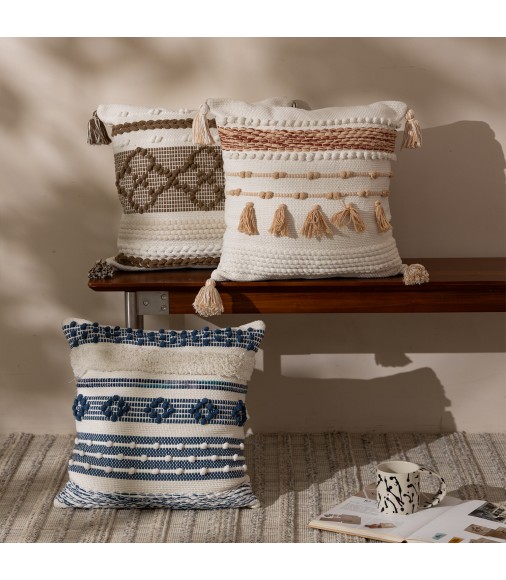 Handwoven Cotton Tassel Throw Pillow Cover Modern Farmhouse Decorative Cushion for Sofa Bed