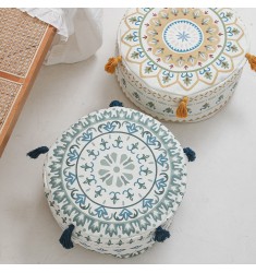 Boho Living Room Bedroom Decor Neutral Texture Round Pouf Stool Ottoman With Tassel 
