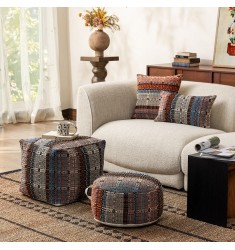 MOCOFO Modern Abstract Pouf Cover | Medieval Maillard Brown Cotton Linen Ottoman Slipcover | Retro Earth Tone Footrest Storage Stool for Living Room Bedroom | Square or Round 17.7" (Filler Not Included)