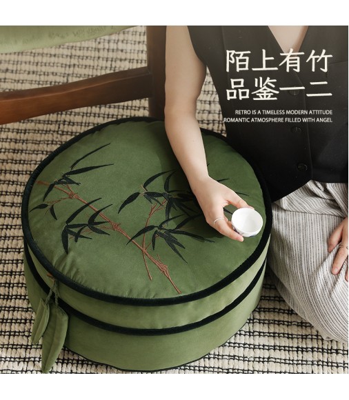 New Chinese-Style Bamboo Embroidered Pouf | Tatami Cushion for Living Room, Bay Window & Balcony
